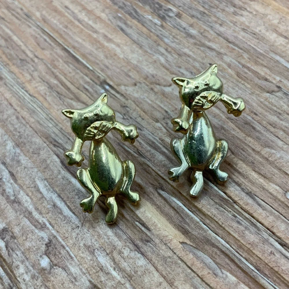 Cat Kitten Vintage Korea Gold Tone Ear Jacket Dangle Stud Earrings